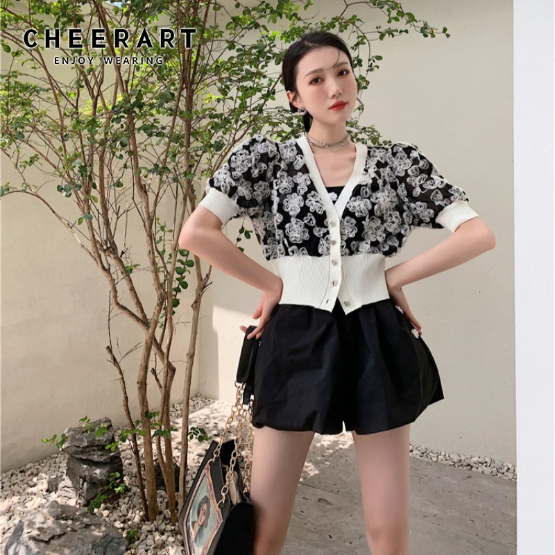 

CHEERART Укороченный кардиган с V-образным вырезом, женский летний свитер с коротким рукавом, черный, фиолетовый, корейская мода, милый кардиган ...