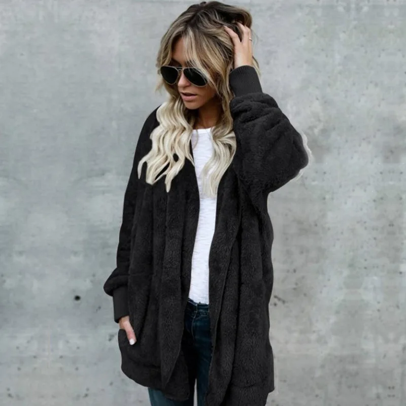 Женское Свободное пальто с карманами повседневное Однотонное шерстяное