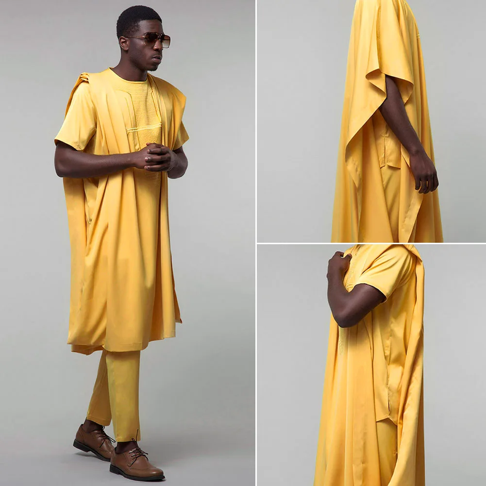 Fadzeco Agbada Мужская африканская вышивка Дашики желтый Doudou топы Короткий рукав брюки 3 шт размера плюс мужская одежда халат Базен
