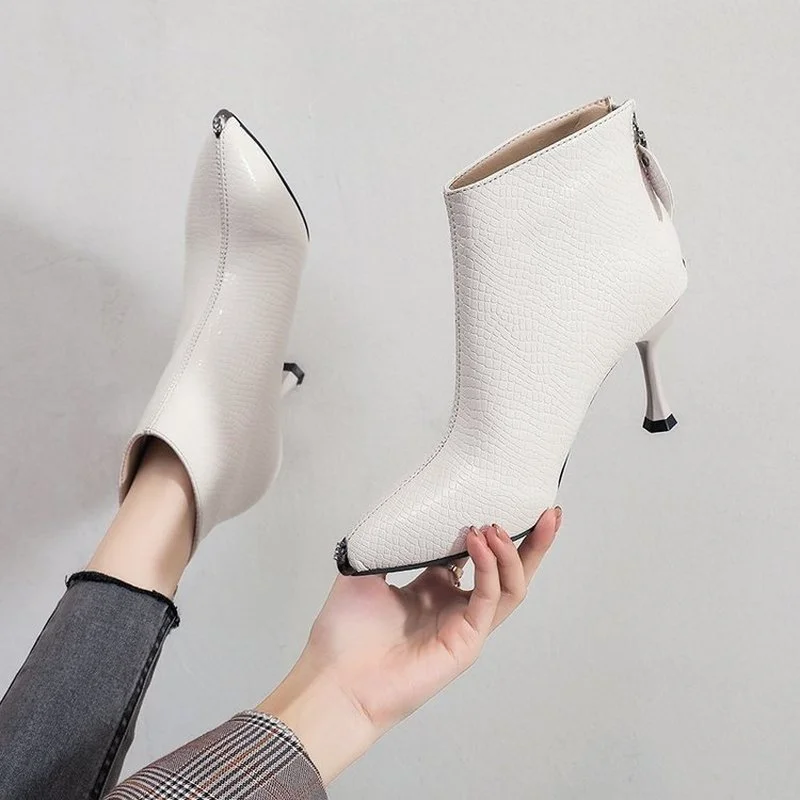 

Female Fashion Pointed Toe Beige Side Zip Comfort Stiletto Heel Boots Women Classic Black Pu Leather Boots