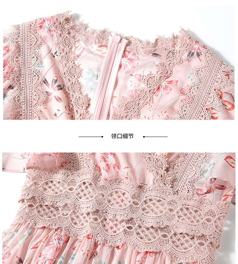 

Bohemia Runway Women Dress Women Elegant V-neck Lotus Leaf Sleeve Printed Chiffon Dress Female On Vacation Casual Dress