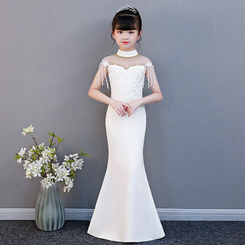 

New Style Flower Girl Dress For Wedding Lace Appliqued Tassel Little Girls Pageant Dress Beadings Mermaid Kids Evening Gowns