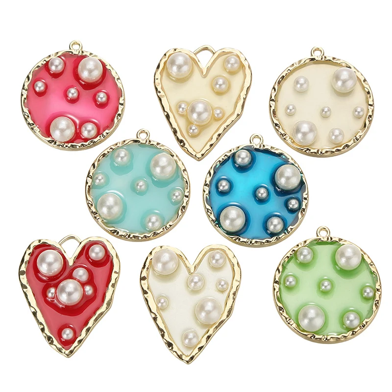 

10Pcs/lot Enamel Round Heart Pendant Charms Colorful Metal Charms with Pearls for Necklace Bracelet Earring Diy Jewelry Making