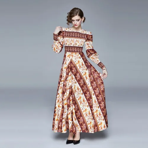 

Atumn Bohemian Women Long Dress Elegant O-Neck Party Dress Female High Waist Flower Print Puff Sleeve Elegant Lady Party Dress