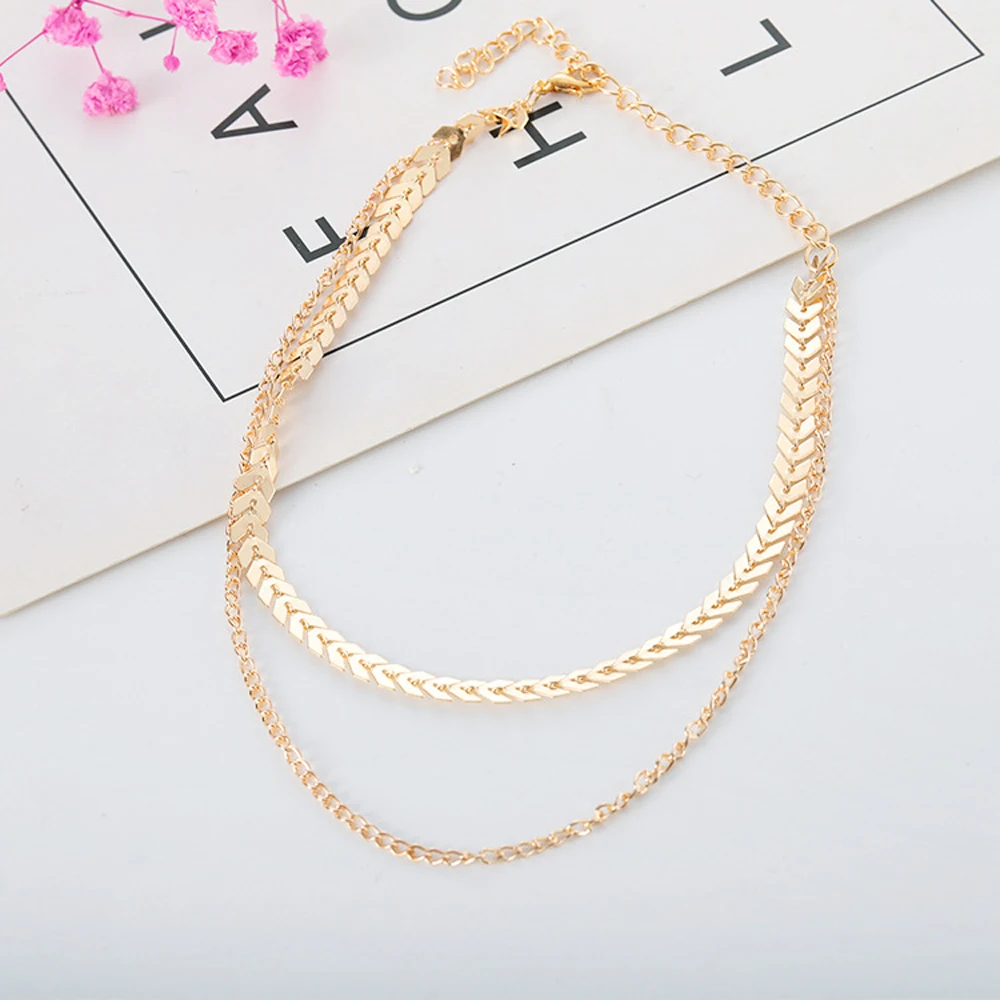

2021 New Fashion Chain Choker Two Layers Necklaces Fishbone Airplane Shape Gold Color Necklace Flat Chain jewelry