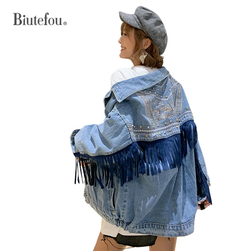 2021 Сезон весна осень Женская обувь с кисточками джинсовая ткань жакеты вышитые