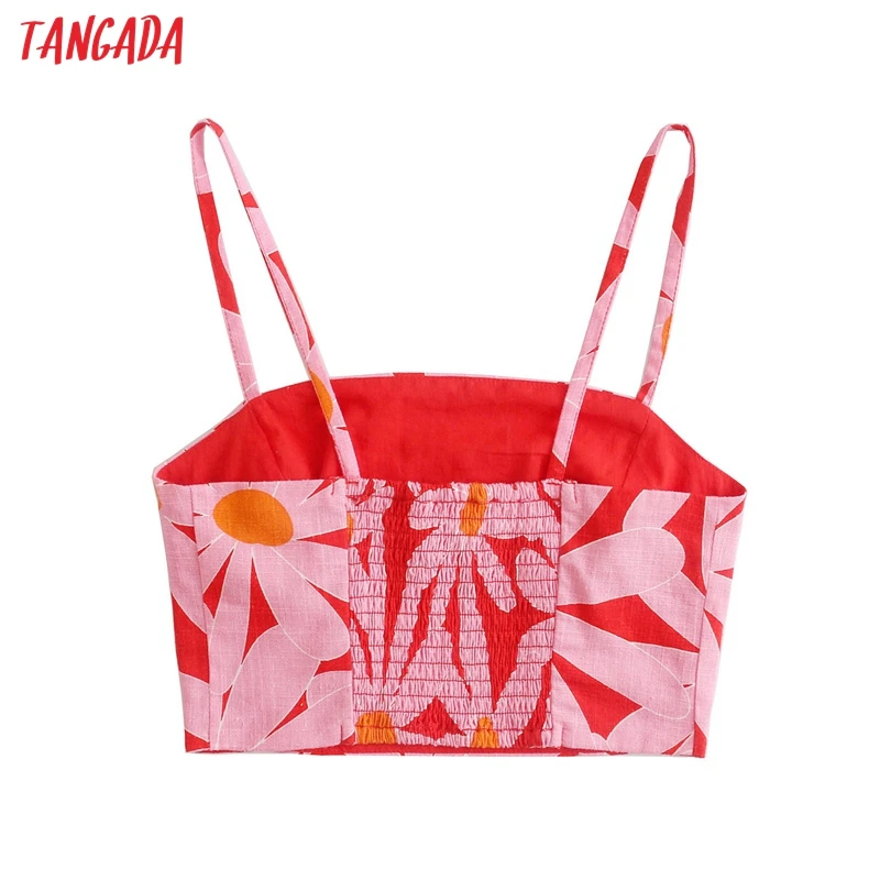 

Tangada Women Flower Print Bralette Camis Crop Top Spaghetti Strap Sleeveless Backless Short Shirts Tops AB48