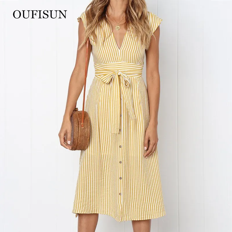 Летнее винтажное платье миди в полоску с принтом женское элегантное глубоким v