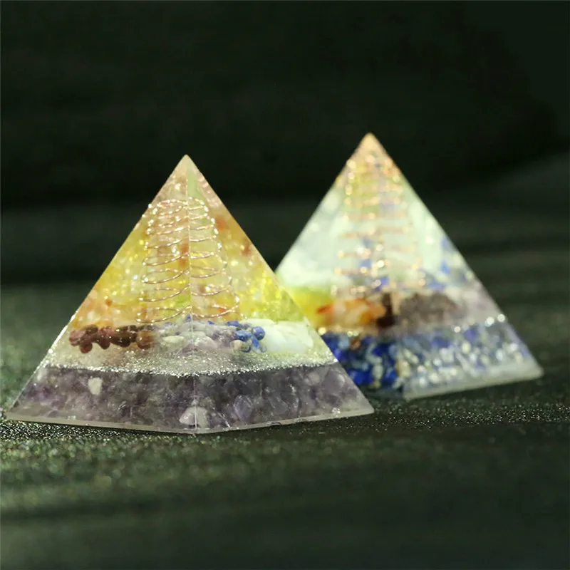 

50mm Large Pyramid Energy Natural Chip Stone Reiki Healing Converter 7 Chakra Spiral Copper Wire Home Office Reiki Decor