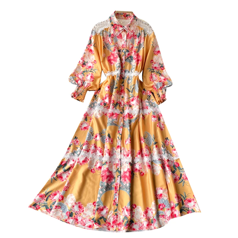 

Women Court Wind Print Maxi Dress Splice Lace Turn-down Collar Button Puff Sleeve Dress Autumn Boho A-line Long Dress