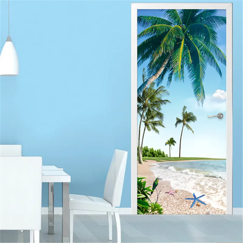 

2 Pieces/Set Self-Adhesive Door Sticker 3D Beach Coconut Palm Landscape Wall Paper Restaurant Bathroom Waterproof Wall Stickers