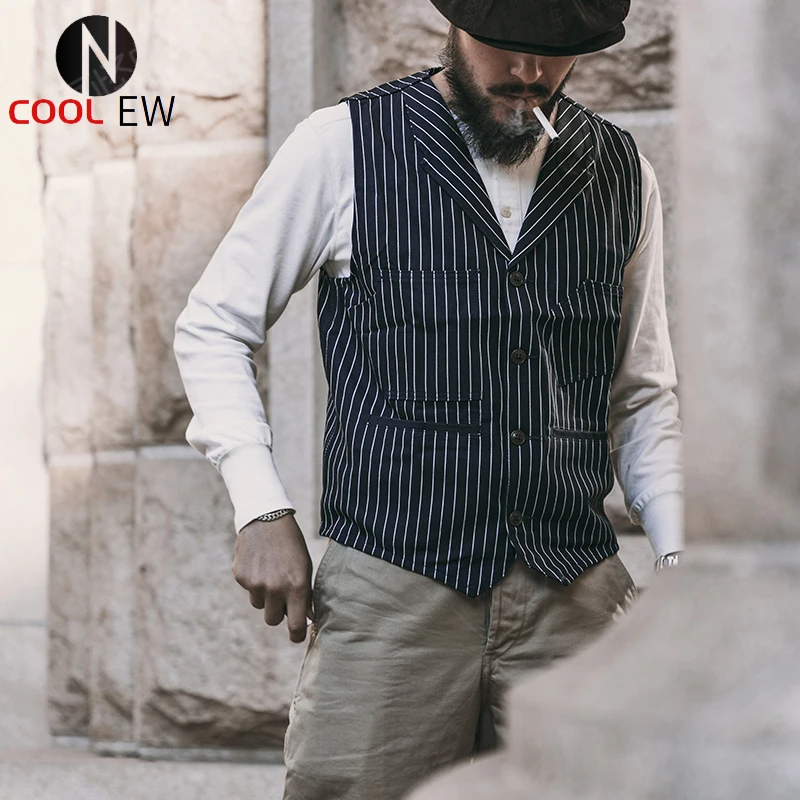 Винтажный Мужской жилет Бронсон 1900s 10 унций окрашенный в цвет Индиго полосатый