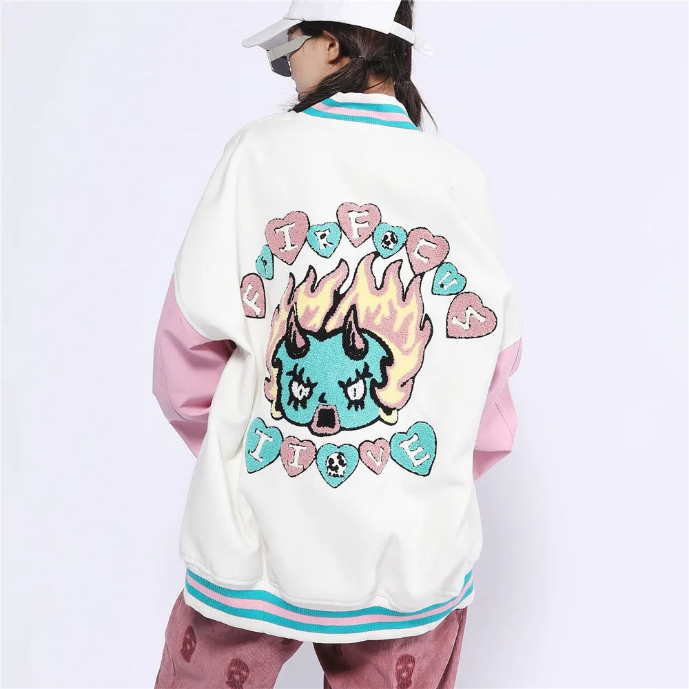 

Мужская Женская бейсбольная куртка из искусственной кожи с рукавами и Флокированной вышивкой, блестящая осенняя куртка-бомбер в стиле Хара...