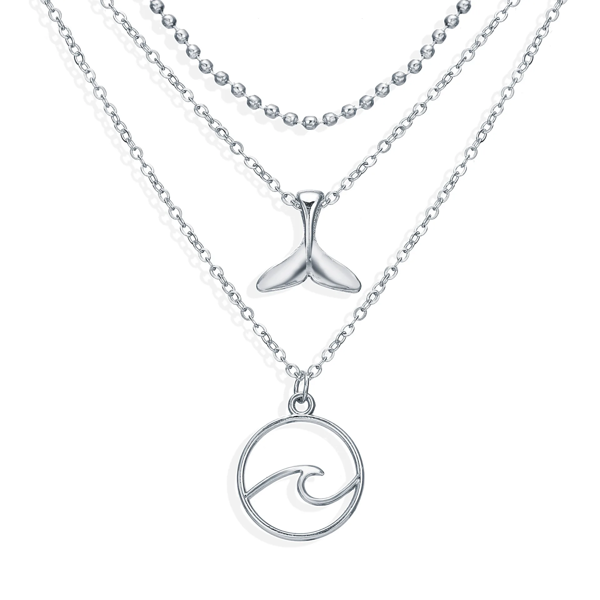 

Creative retro surf fishtail pendant multi-layer necklace new three-layer
