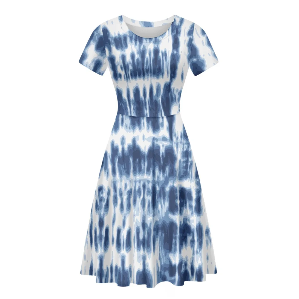 

Wholesale Tie Dye Style Summer Short Sleeve O-neck Tunic Custom Clothing Manufacturers Ankle Length Casual Women Dress 2022