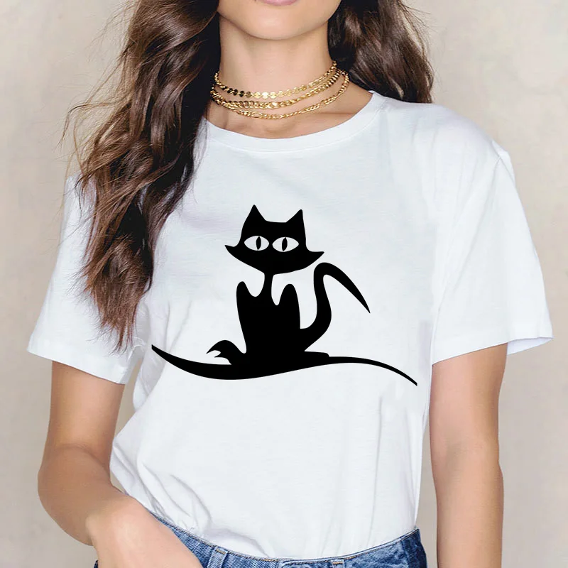 

New T shirt Women Summer Harajuku Fashion Short Sleeve Female Tshirt Halloween Cat Print O-Neck Tops Camiseta Mujer