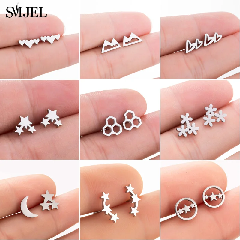 

SMJEL Wholesale Mixed Styles Flower Geometric Star Heart Small Earrings For Women Girls Jewelry Stainless Steel Earings oorbelle