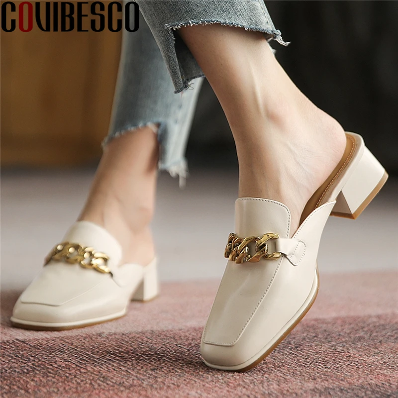 

COVIBESCO Casual Mules Women Sandals Genuine Leather Square Toe Slippers Metal Chain Thick Heels 2021 Summer Concise Shoes Woman