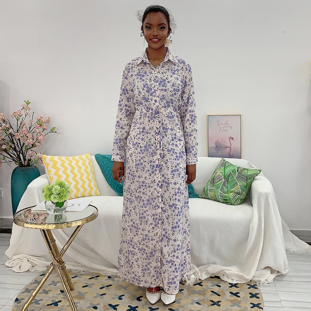 

Modest Muslim Shirt Dress Single-breasted lapel Long Sleeve Maxi Dresses for Women Fall 2020 Floral Turkey Arab Islamic Clothes