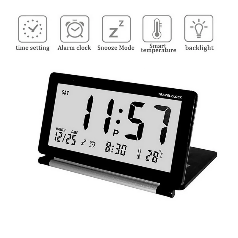 ЖК цифровой дорожный будильник календарь бесшумный электронный складной часы с