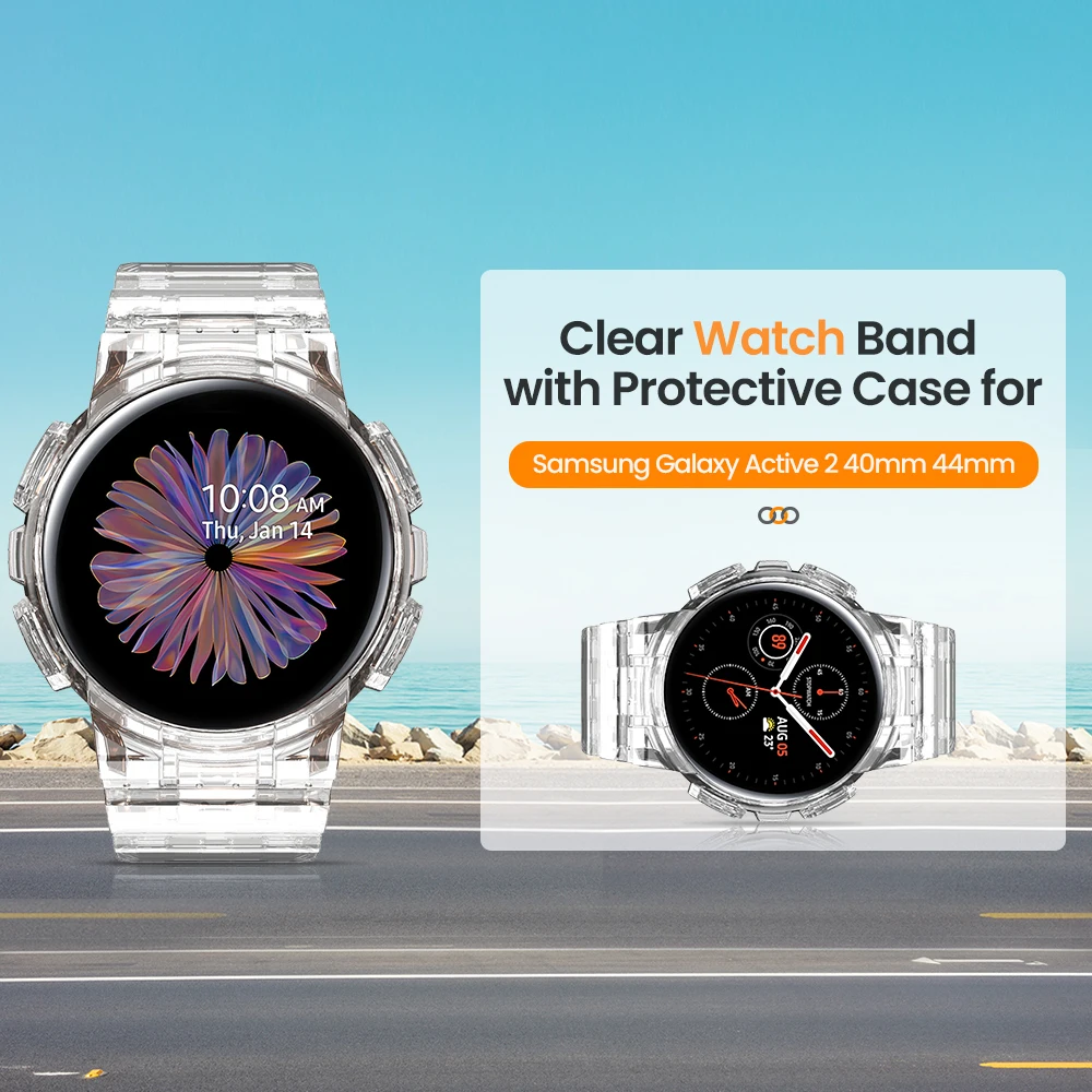 Transparent Band+Case for Samsung Galaxy Active 2 Newest Sport TPU Strap for Galaxy Active 2 44mm Wristband