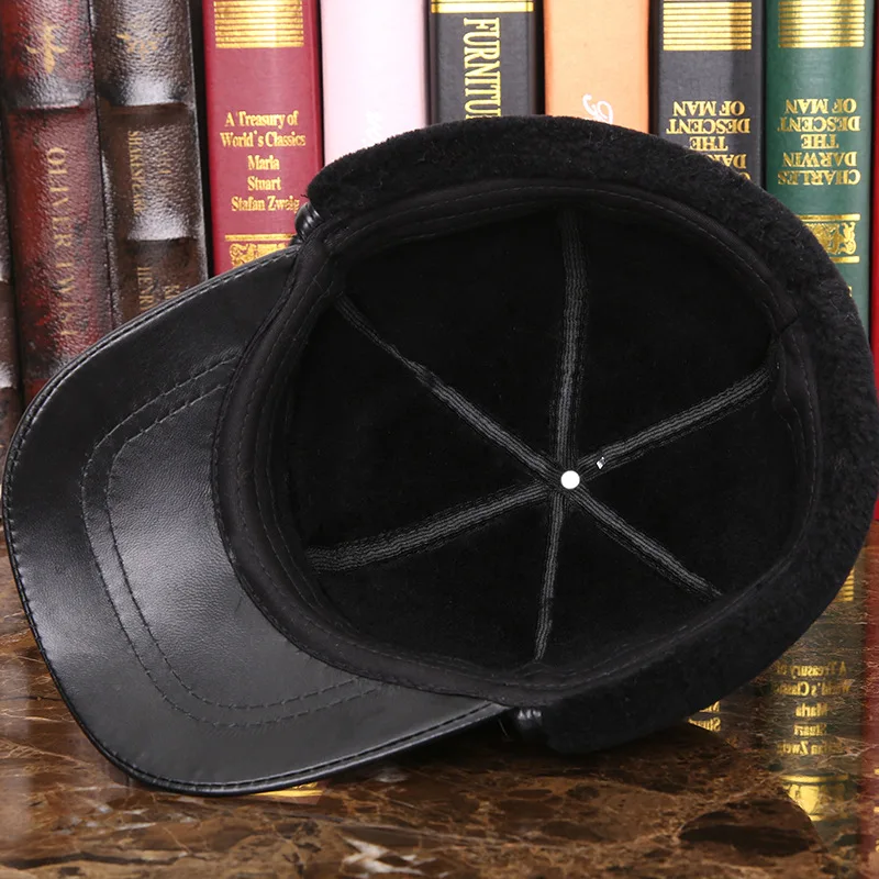 100% Genuine Leather Leather hat middle-aged man winter warm earmuffs thickening baseball cap sheepskin wool  man winter hats