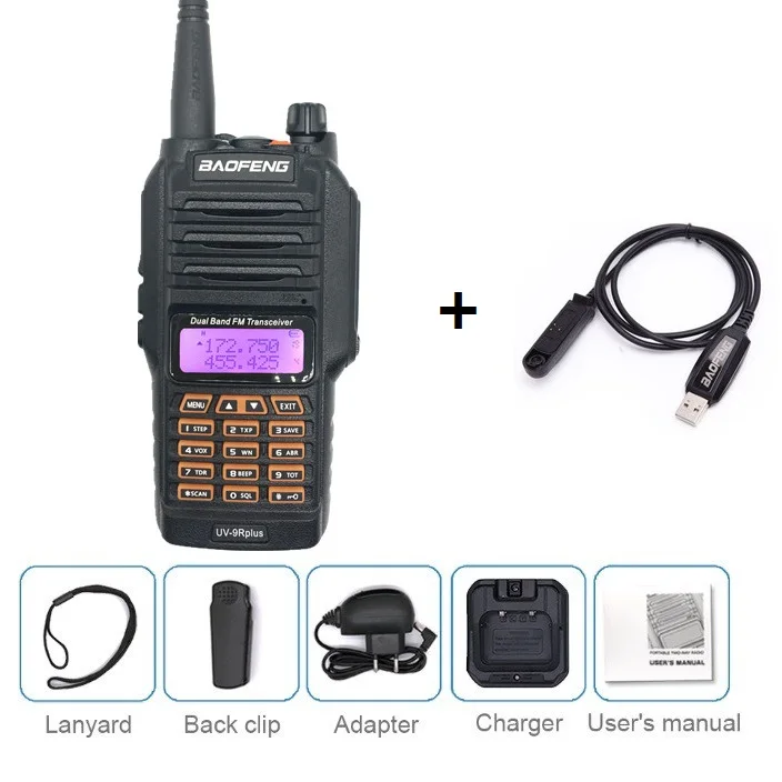 add cable BAOFENG UV-9R PLUS 10 Вт Высокая мощность Водонепроницаемая рация UHF VHF 4800 мАч морской CB Ham Радио Рыбалка КВ трансивер UV 9R - Цвет: add cable