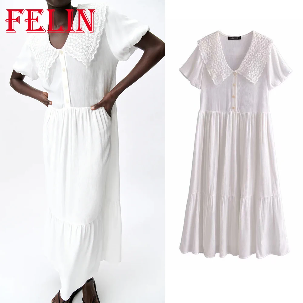 

Женское платье-рубашка с коротким рукавом, белое ажурное платье средней длины с оборками, Элегантное повседневное Свободное платье, лето 2021