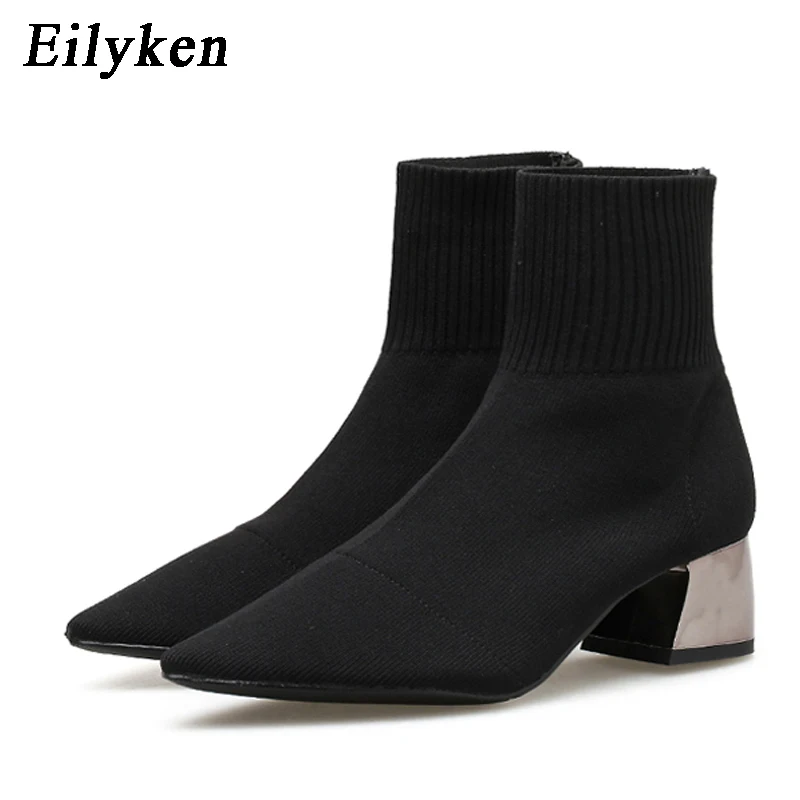 EilyKen/Коллекция года; сезон осень-зима; вязаные носки из эластичной ткани; женские ботинки; короткие ботинки на низком каблуке; цвет серый; женские ботильоны с острым носком