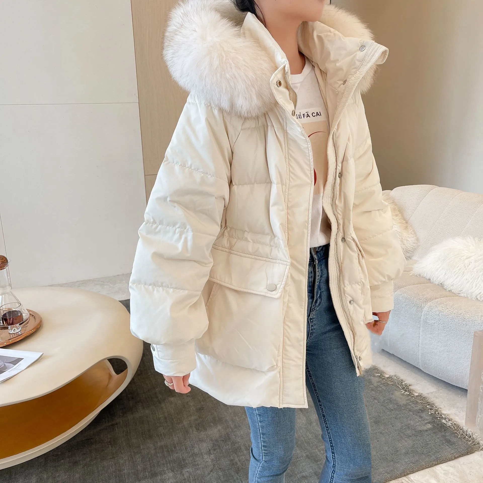

MENINA BONITA 2021 Fashion Winter Jacket Women Real Natural Fox Fur Collar Hooded 90% White Duck Down Coat Warm Loose Outerwear