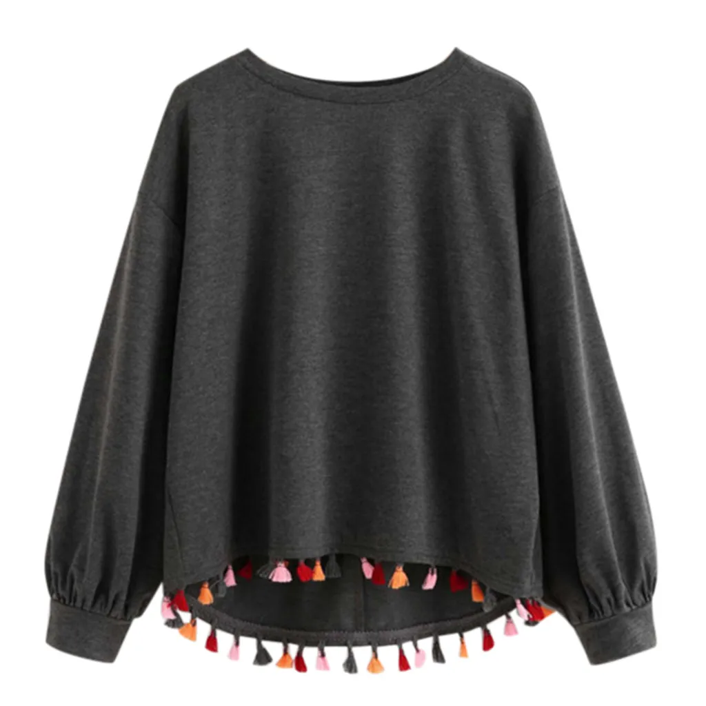 Женская толстовка однотонная цветная с кисточками круглым вырезом длинным