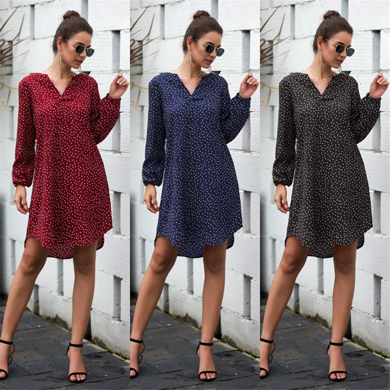 

New Arrival 2023 Casual Women Dot Midi Dress Fashion OL Lantern Sleeves Loose Shirt Dress