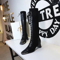 sexy nightclub knee high boots women metal decoration square high heels female front lace up suede stitching shoes fashion pumps