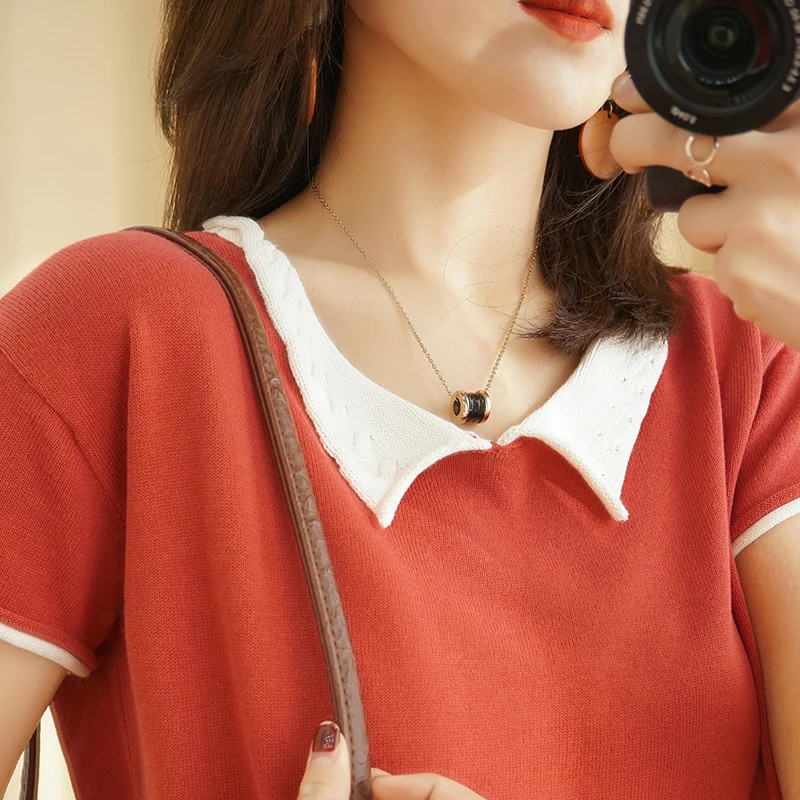

BELIARST Summer new v-neck 100% cotton linen knitted solid color short sleeve women loose large size Korean loose cotton T-shirt