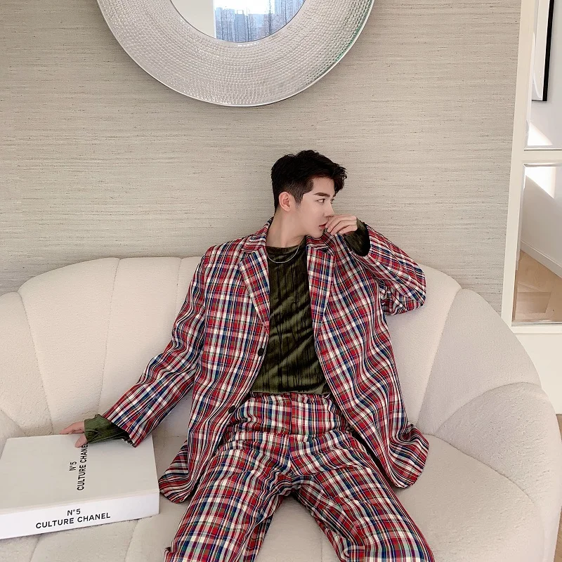 Блейзер в клетку красного и синего цвета с брюками из полиэстера | Пиджаки