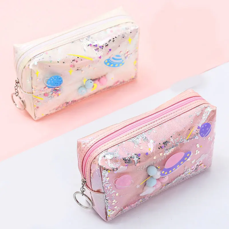 

New Cute Pencil Case Laser Leather Pen Box Big Makeup Bag For Girls Gift Coin Bag Fashion PVC Toiletry Cosmetic Bag Case Pouch