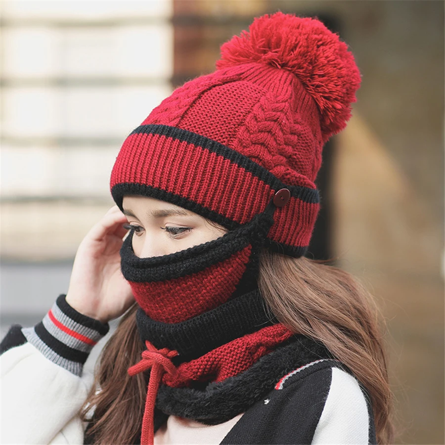 Set 3 Hats Women Winter Beanies Velvet Thick Bib Mask Ear Protector Skullies Beanie Hat Riding Female Warm knitted Wool Cap | Аксессуары