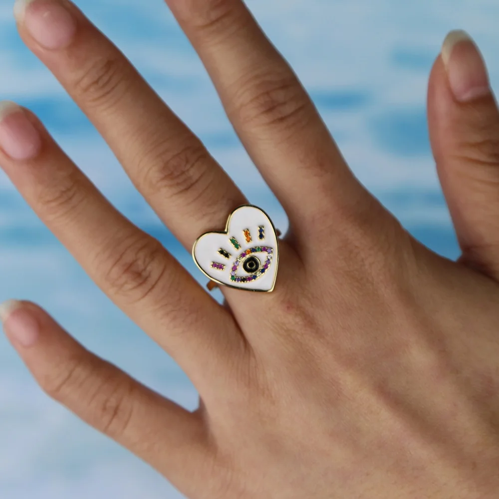 Кольцо женское регулируемое золотое белое черное красное с сердцем от сглаза |