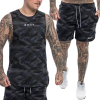 muscle mens summer suit fitness vest shorts two piece sports camouflage mens short set running training suit
