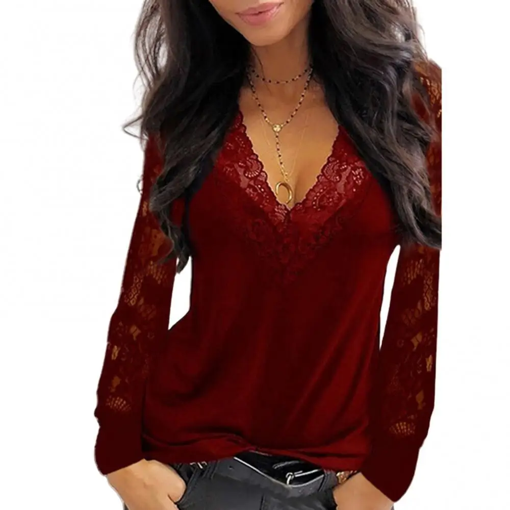

Blusas Sexy Women Blouse Deep V Neck Lace Trim See Through Long Sleeve Shirts Elegant Office Ladies Blouses Top Party