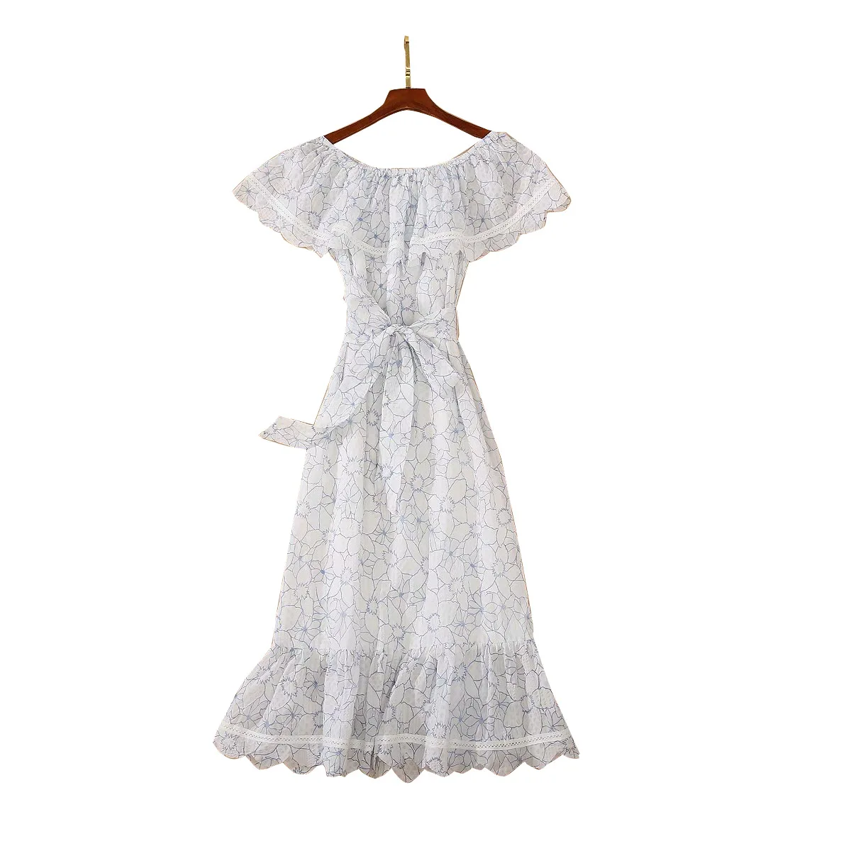 

Sexy Off Shoulder Ruffles Floral Embroidery Midi Party Dresses Women 2020 Summer High Quality Runway Dress Designers