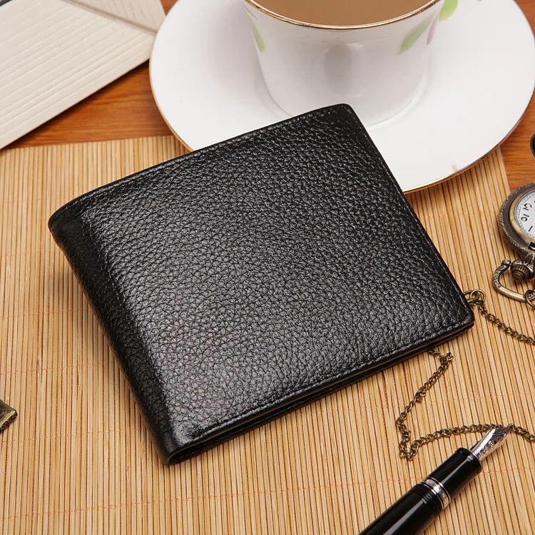 

First layer cowhide lychee pattern men's ultra-thin short wallet