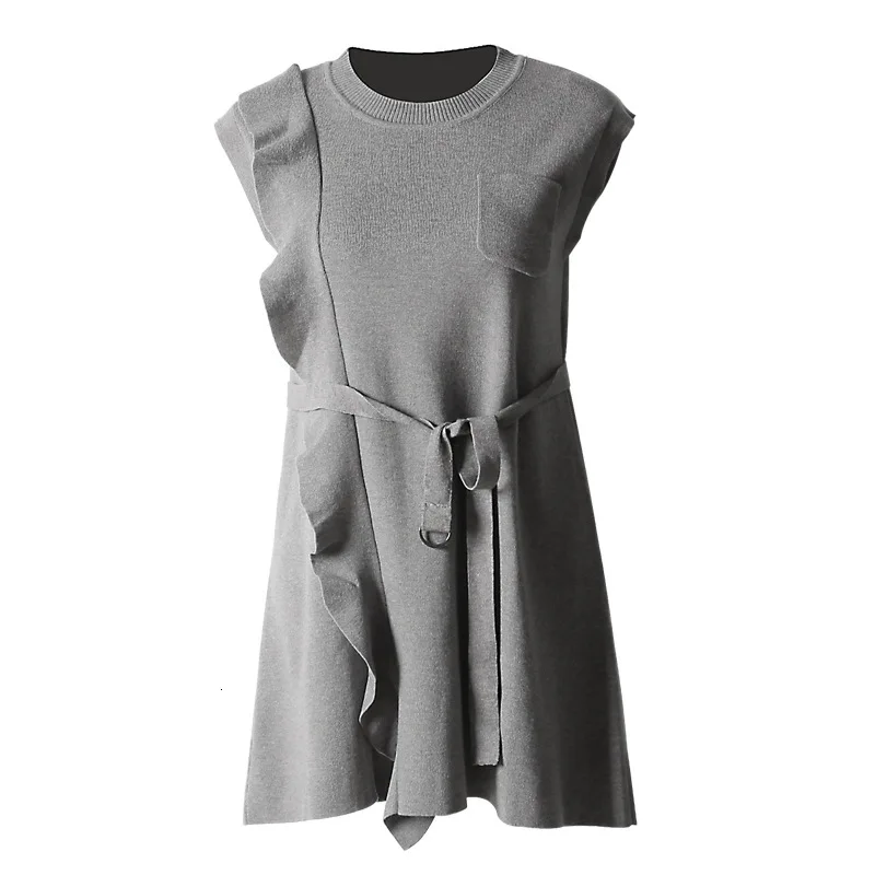 

DEAT Leisure O Neck Pullover Mid Calf Dresses Loose Floral Dress Gray Knitted Sweater Two Piece Set 2021 spring New TD533