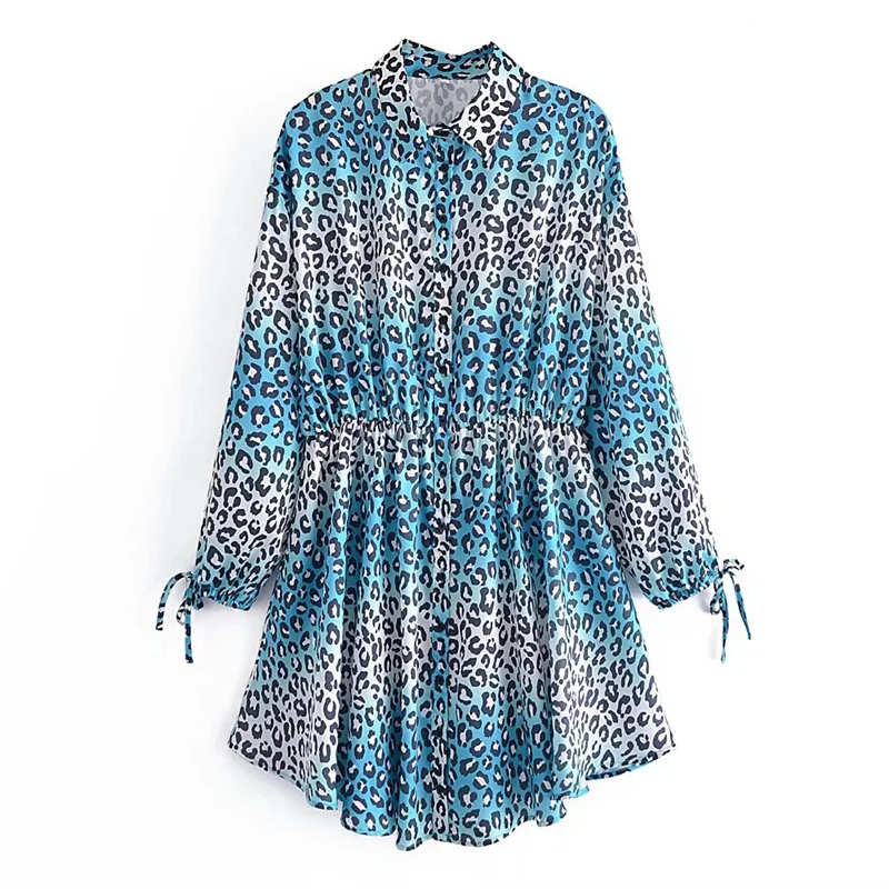 

MESTTRAF Women 2021 Fashion Gradient Color Leopard Print Irregular Mini Dress Retro Elastic Waist Long Sleeve Dresses Streetwear