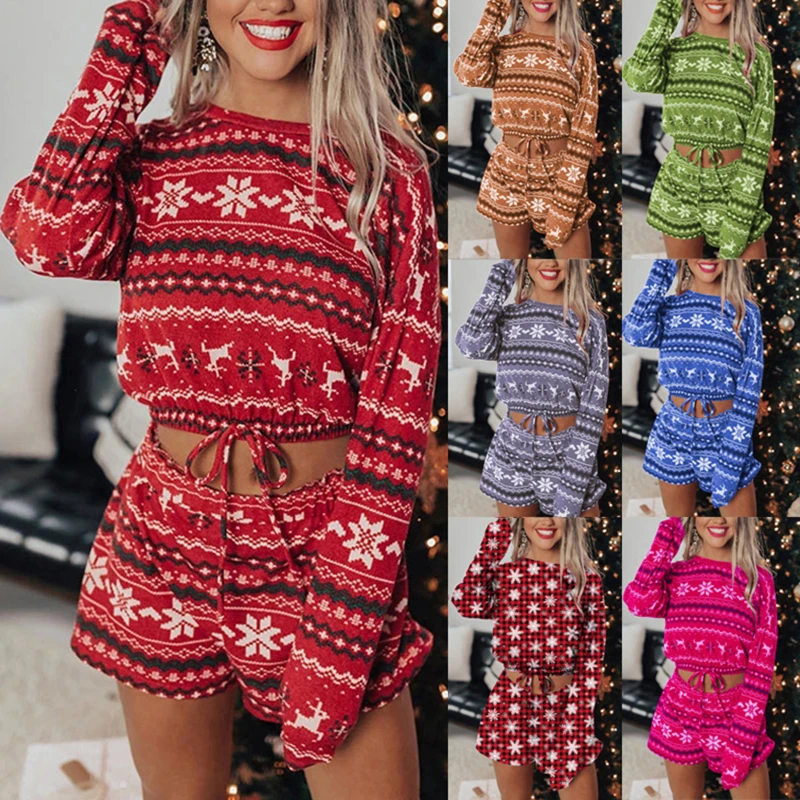 

2021 New Women Christmas Pajama Sets Long Sleeve Crop Top Shorts 2Pcs Xmas Snowflake Print Knit Fall Homewear