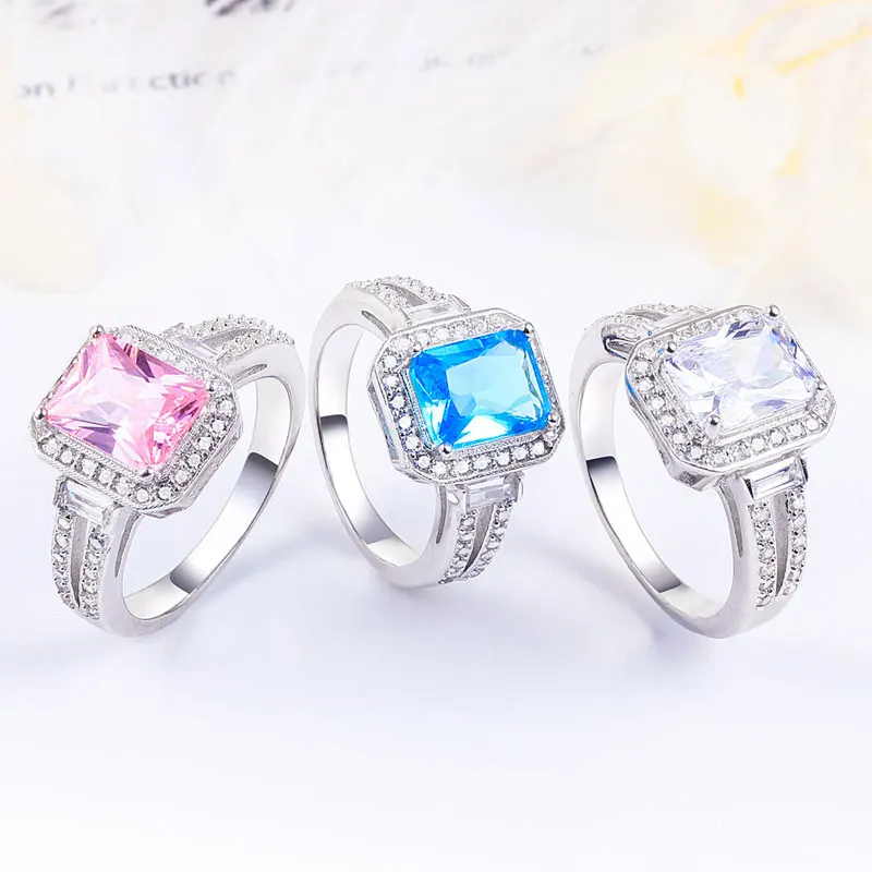 

COLORFISH 925 Sterling Silver Radiant Cut Pink Blue Clear Cubic Zirconia Halo Engagement Ring For Women Anniversary Jewelry