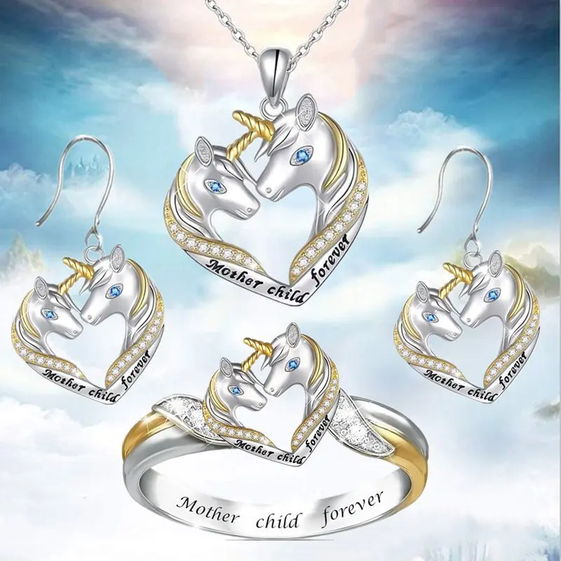 

Son Mother Unicorn Electroplating Three Sets of European American Fashion Style Drop Oil Lettering Necklace Jewelry Earings