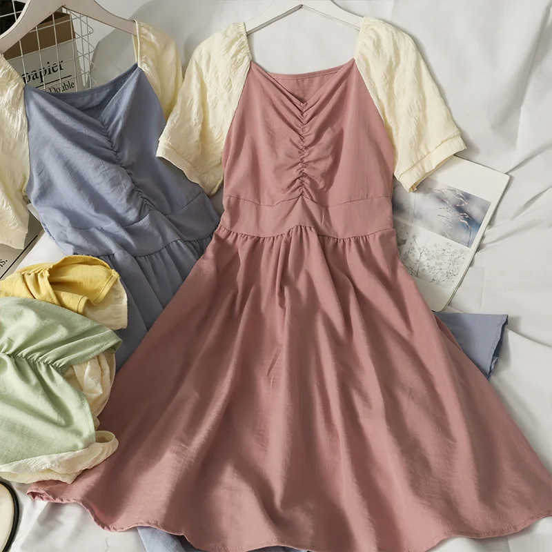 Летние 2021 Цвет контраста из кусков v образный вырез с открытыми плечами коротким