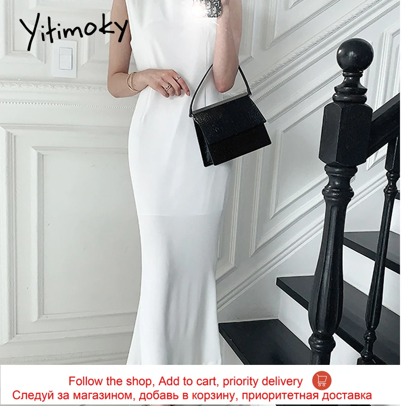 

Yitimoky Casual Woman Dress O-Neck Fashion New Sleeveless High Waistt Simple Out Wear Slim Split Tank Top Dresses 2021 Summer