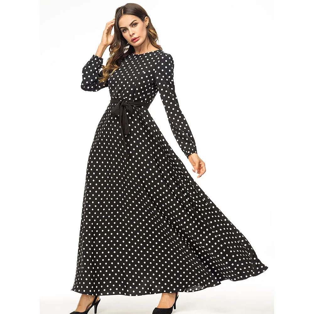 Осенние женские модные винтажные платья в горошек элегантный пуловер длиной до